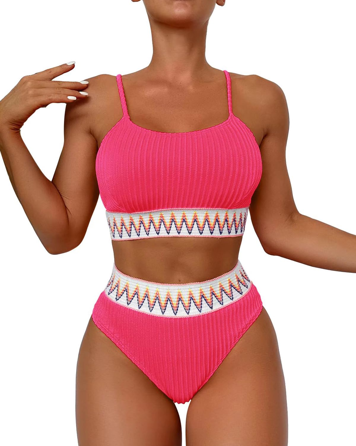 Limeeke Women High Waisted Bikini Sets Ribbed Color Block Two Piece Swimsuit Scoop Neck Bathing Suit