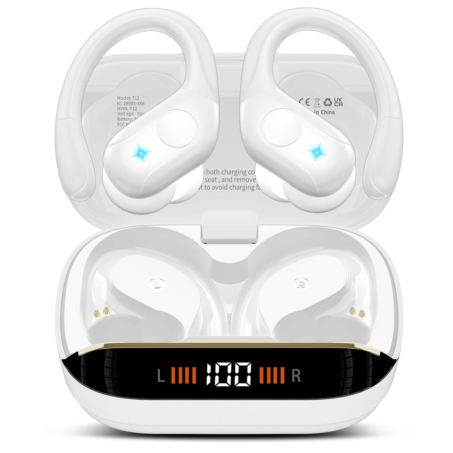 Wireless Earbuds Bluetooth 5.4 Headphones 75H Stereo Deep Bass Sports Over Ear Buds with Earhooks, LED Display Bluetooth Earbuds with 4 ENC Mic, IP7 Waterproof Earphone for Running, Black