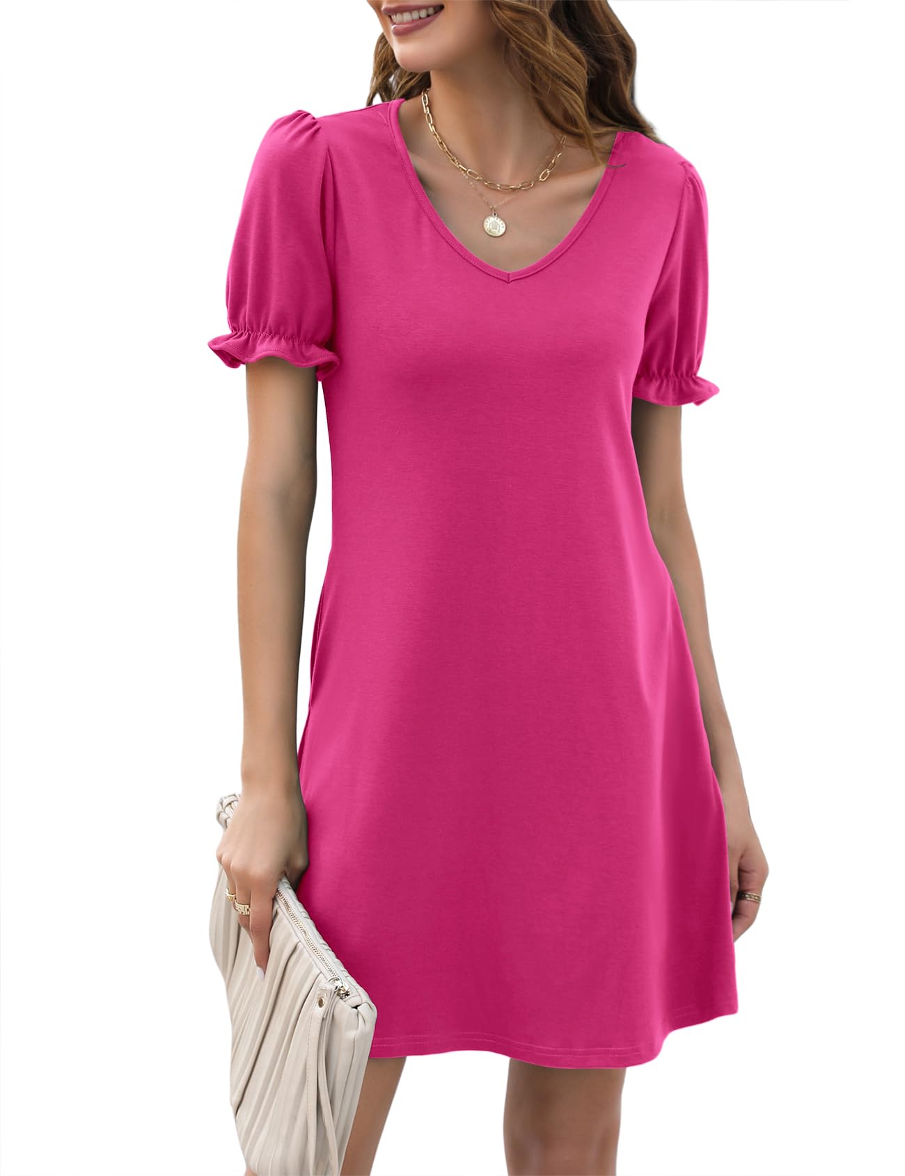 Halife Womens Summer Dresses Casual Puff Short Sleeve V-Neck T Shirt Dress with Pockets