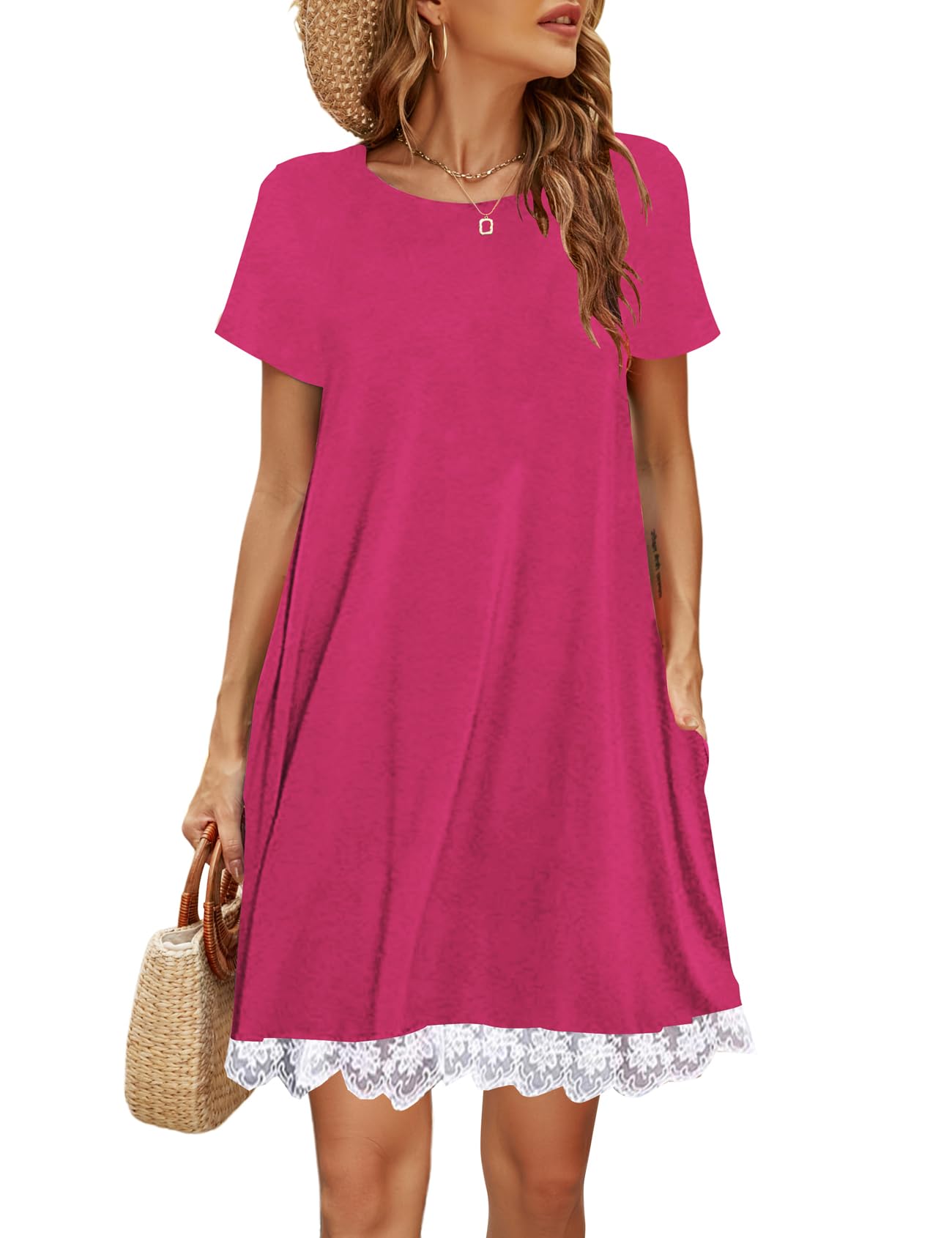 Halife Womens Summer Casual Tshirt Dress Loose Lace Hem Short Sleeve Beach Sundresses with Pockets