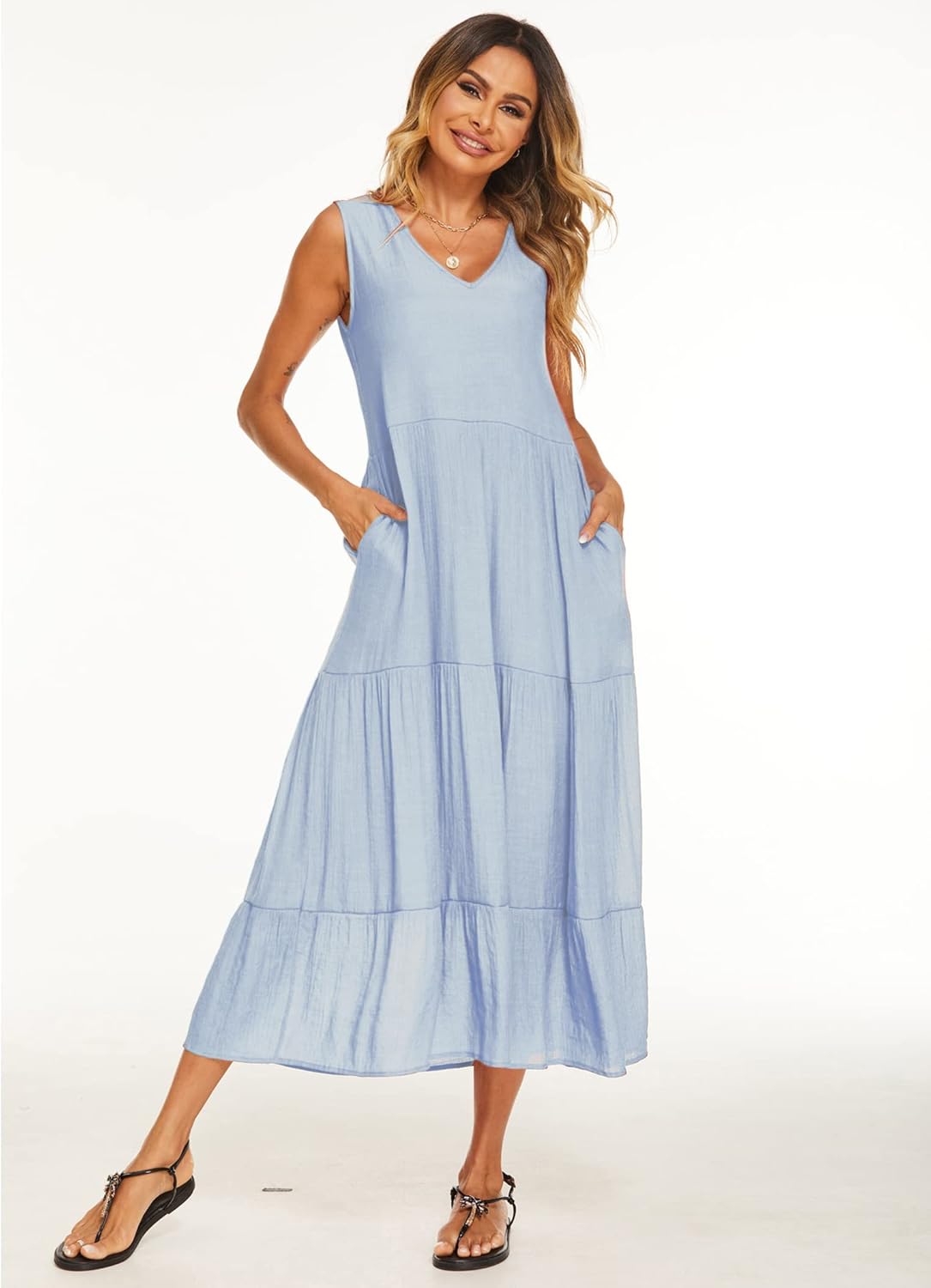Halife Women's Summer Casual Maxi Dresses Flowy Ruffle Boho Long Dresses with Pockets