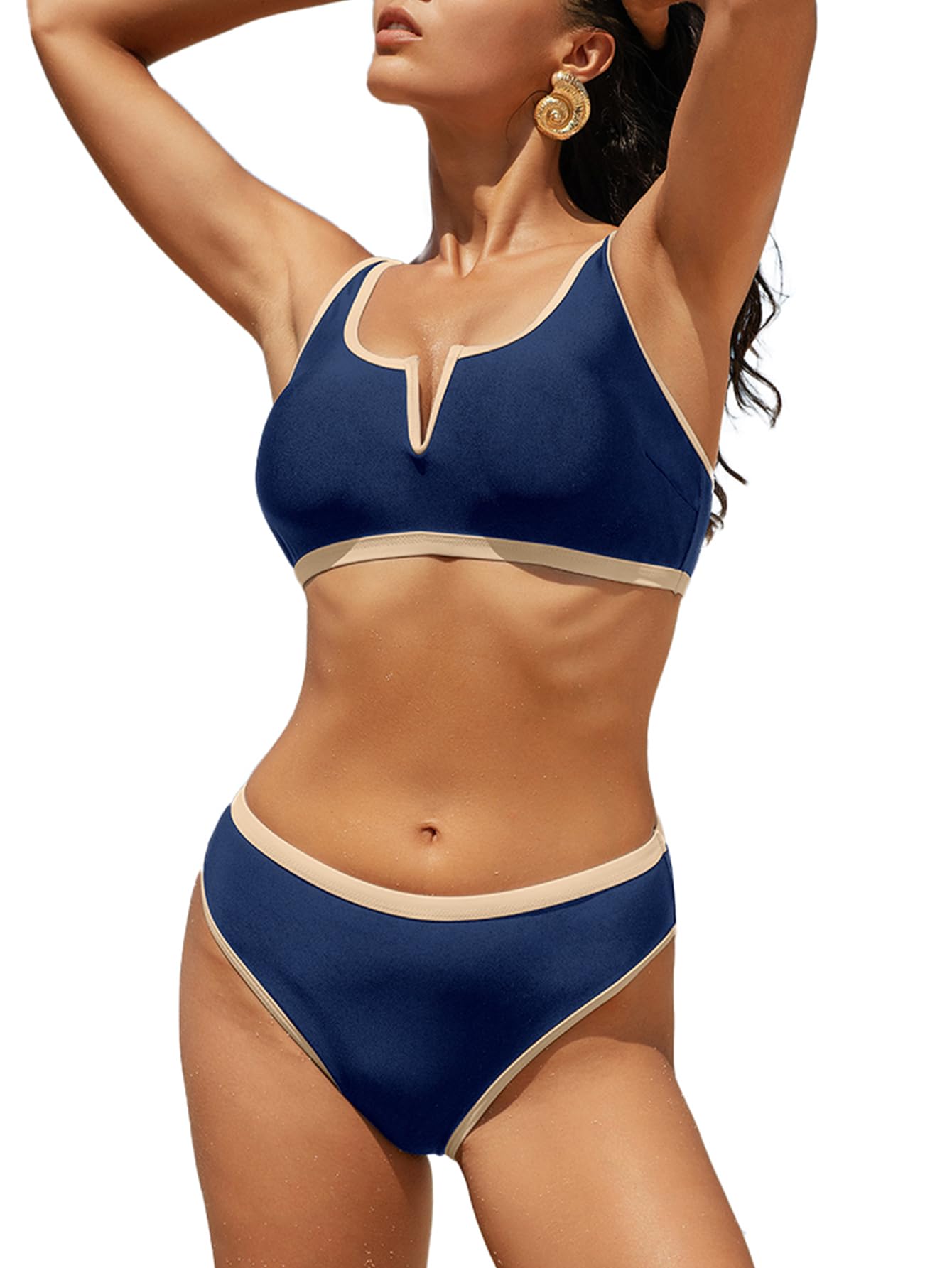 Limeeke Women's Bikini Sets V-Wire Color Block Two Piece Swimsuits Adjustable Strap Bathing Suit