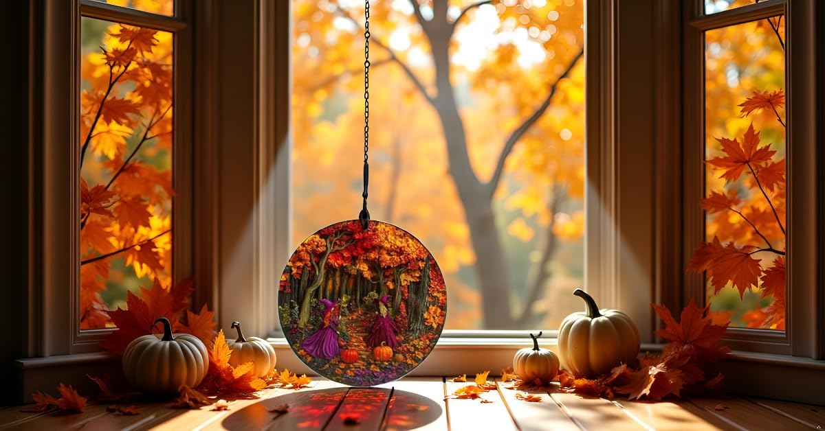 Halloween Stained Glass Window Ornament, Witch Scene with Pumpkins, Acrylic Hanging Suncatcher, Round Wall Art Decor, Witchy Ornament for Home Friends and Family (Two Girls)