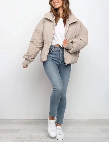 Flygo Winter Cropped Puffer Jacket Coats for Women 2025 Short Warm Quilted Jackets Outerwear with Pockets