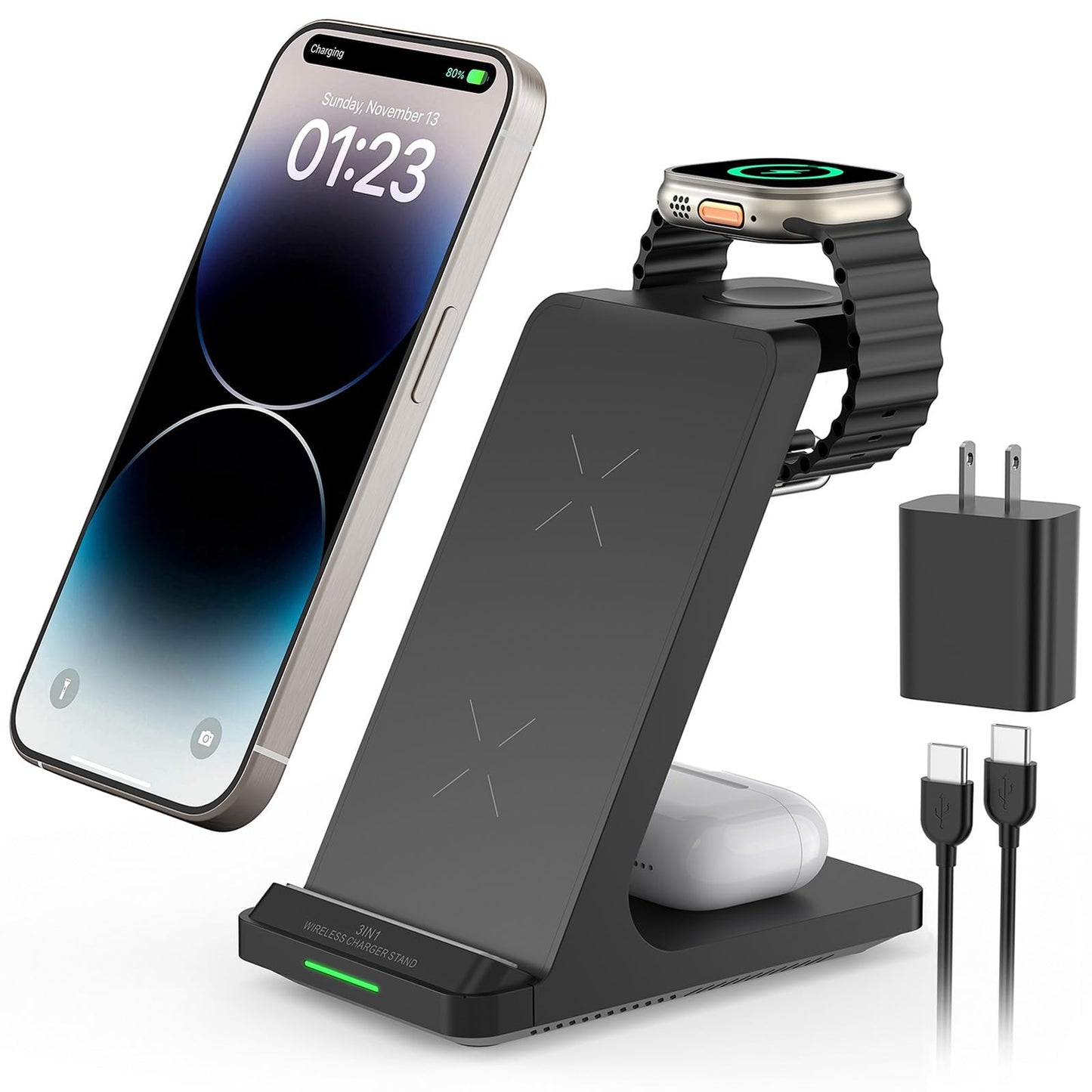 Wireless Charging Station, 3 in 1 Fast Wireless Charger Stand for Multiple Devices Apple Watch Ultra Series 10 9 8 7 6 SE 5 4 3 2, iPhone 16 15 14 13 12 11 Pro Max/Plus/Mini/X/XS/Max/XR/SE, Airpods