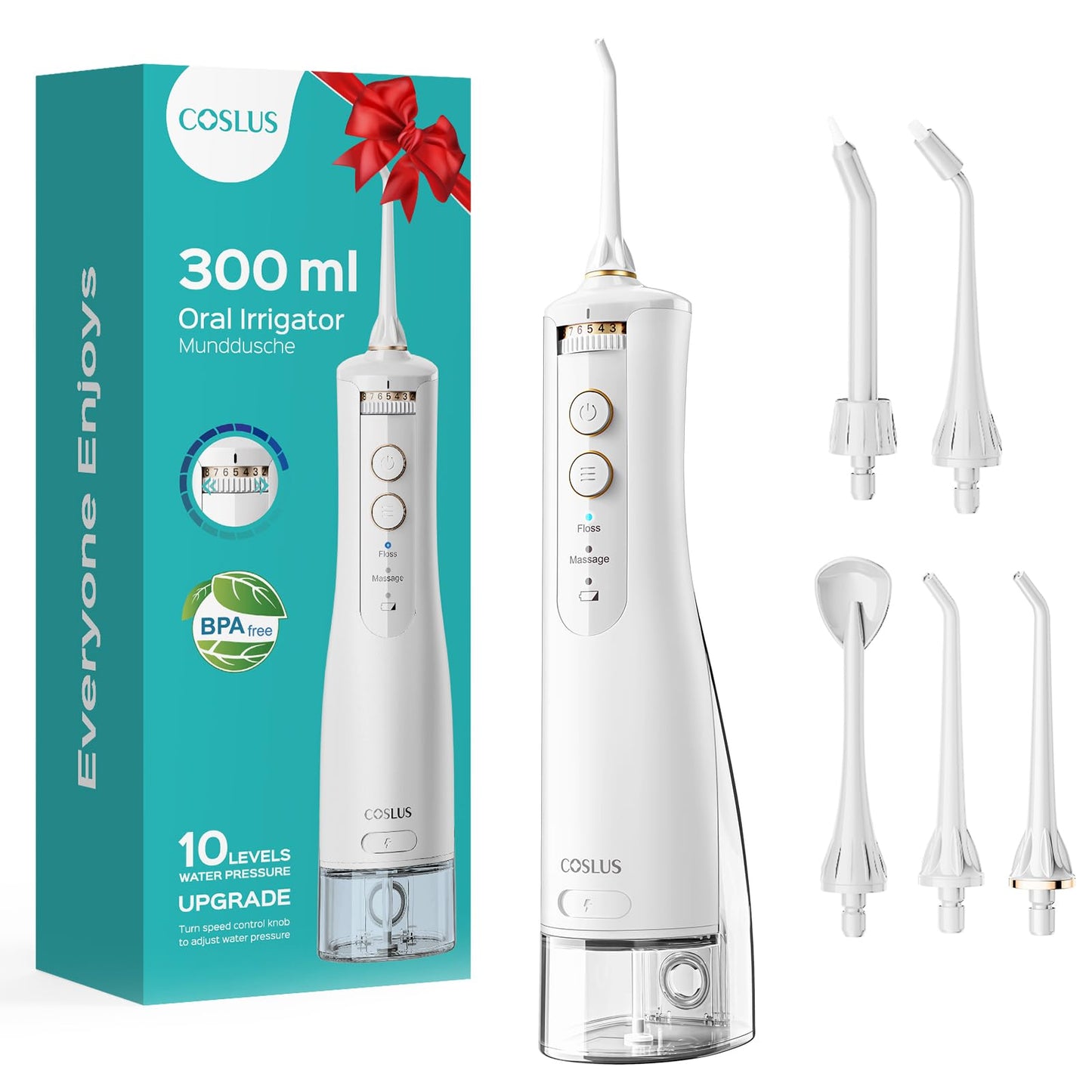 COSLUS Cordless Water Flosser & Dental Pick for Teeth, Braces, Gums Care - Advanced 10 Pressure Settings for Multiple Users, Rechargeable, Portable for Travel, BPA-Free, Black, E40(WFP14)