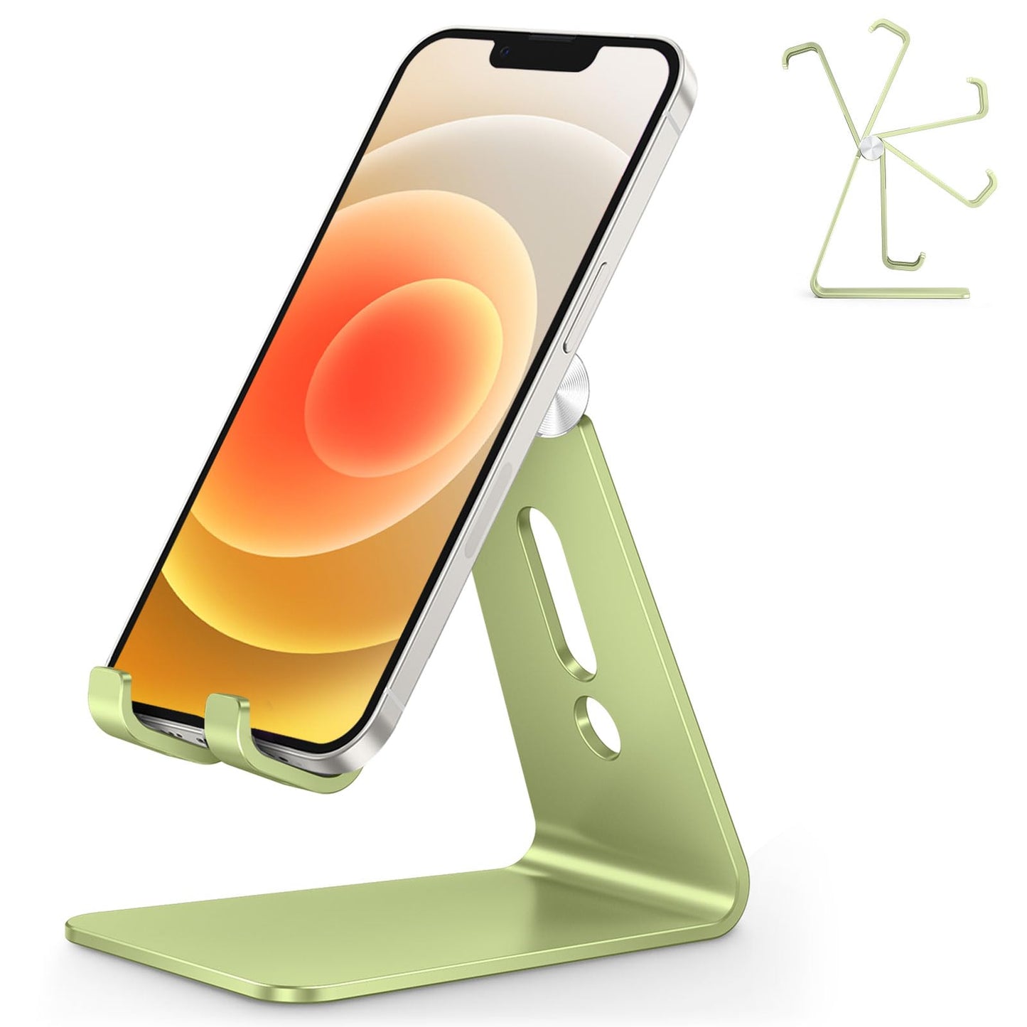 Adjustable Cell Phone Stand, OMOTON Aluminum Desktop Cellphone Stand with Anti-Slip Base and Convenient Charging Port, Fits All Smart Phones, Silver