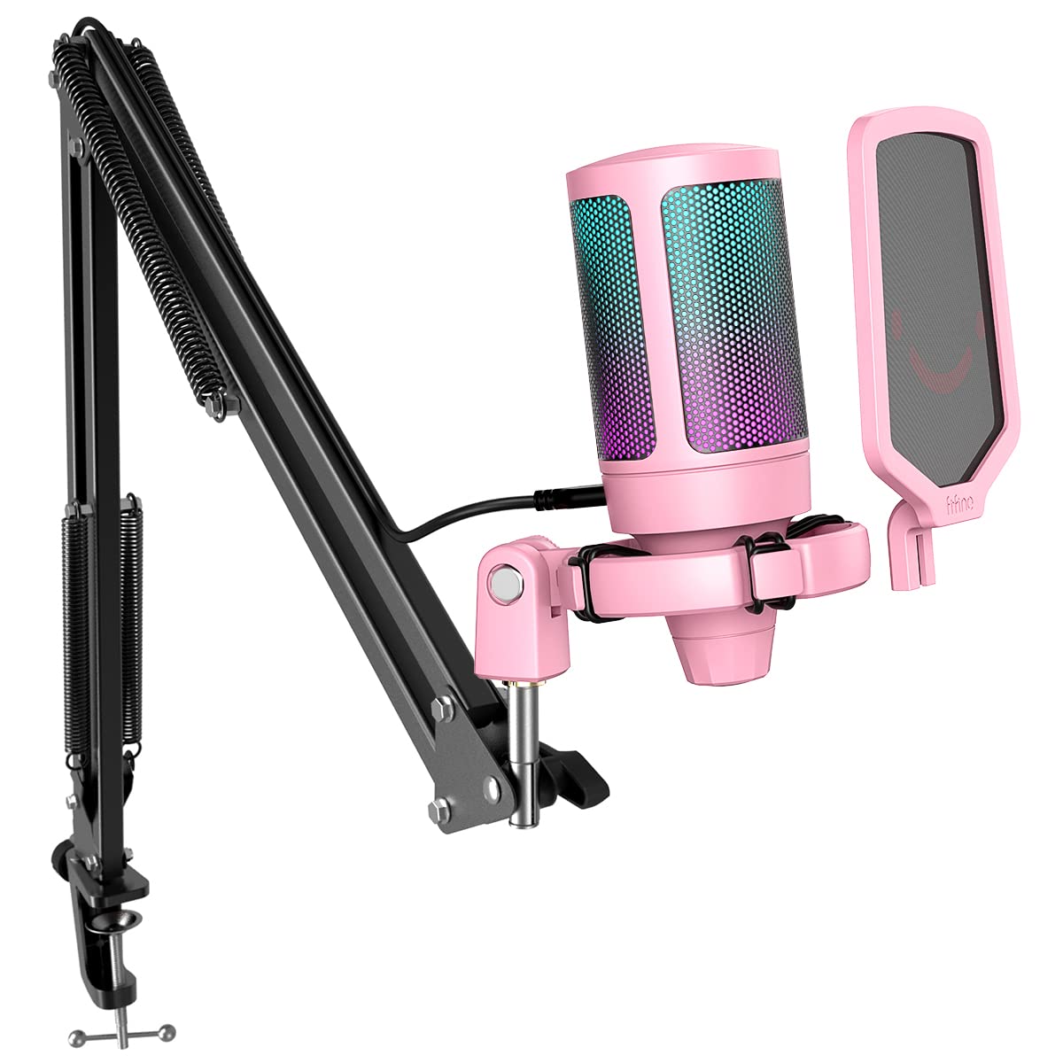 FIFINE Gaming PC USB Microphone, Podcast Condenser Mic with Boom Arm, Pop Filter, Mute Button for Streaming, Twitch, Online Chat, RGB Computer Mic for PC Gamer Youtuber-AmpliGame A6T