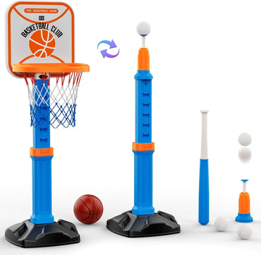 2 in 1 Toddler Basketball Hoop and T Ball Set with Automatic Pitching Machine - Adjustable Height, Kids Basketball Hoop Suit for Indoor Outdoor Sport Toys Gifts for Toddler Boys Girls Age 2-8