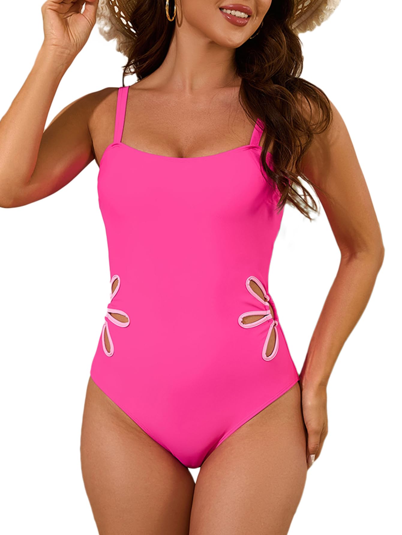 Limeeke Women One Piece Swimsuit Sexy Cutout Floral Slimming Adjustable Strap Color Block Swimwear