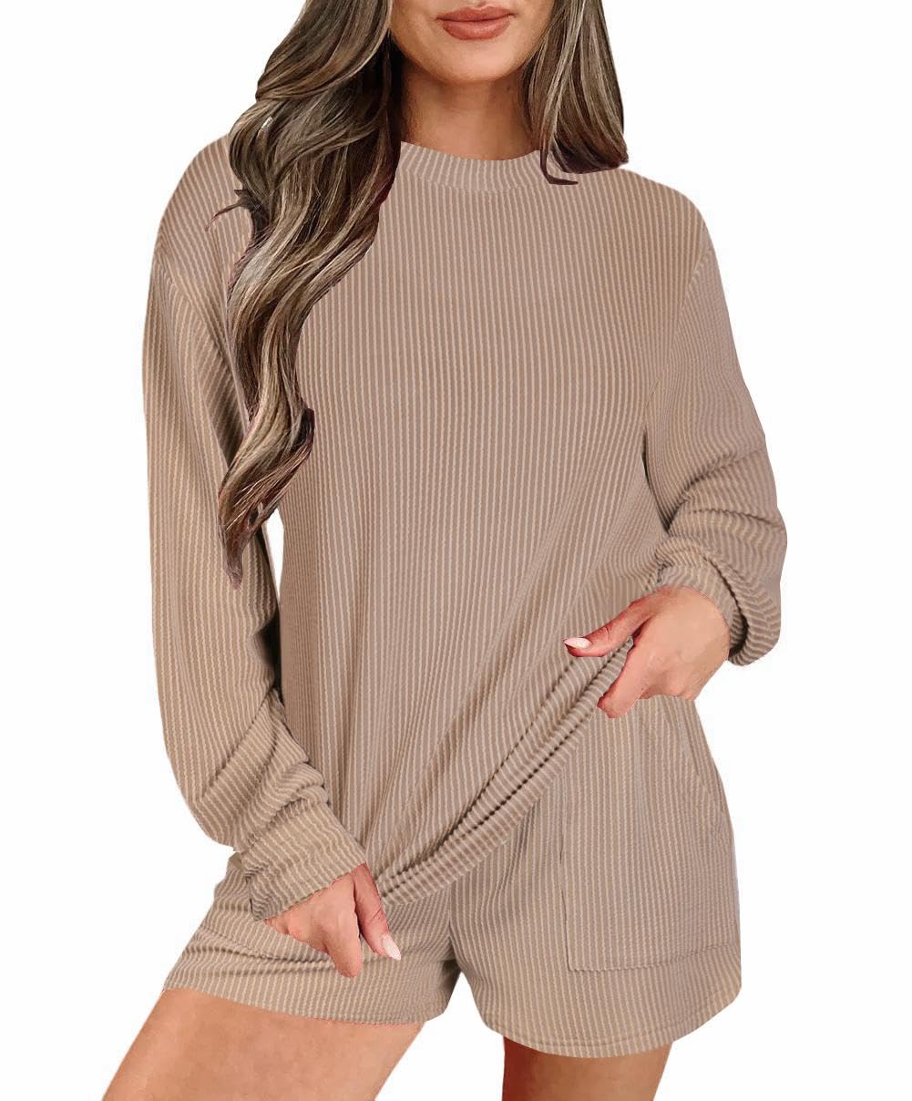 Womens Ribbed Pajama Sets Long Sleeve Top and Shorts Matching Lounge Set Loungewear Sweatsuit with Pockets