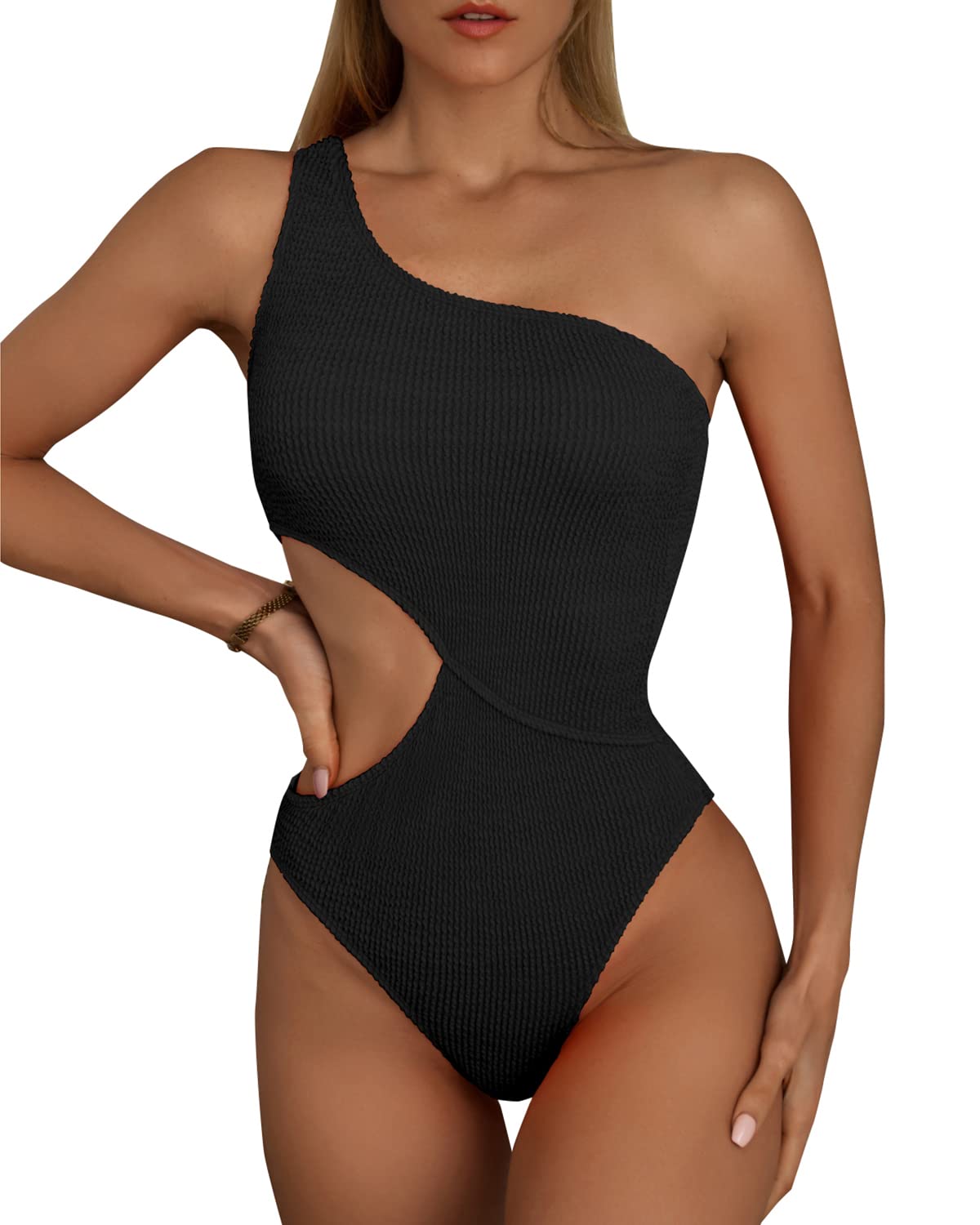 Limeeke Women's Cutout One Piece Swimsuit One Shoulder Swimwear Ribbed Monokini Bathing Suits