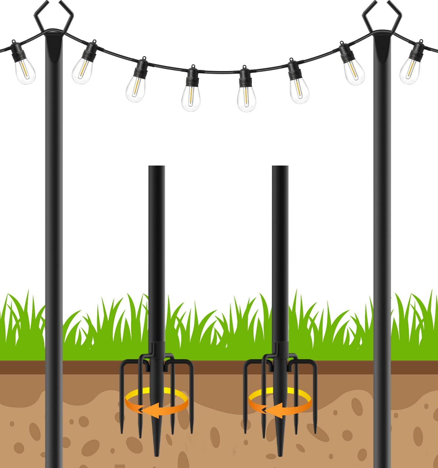6 Pack String Light Poles, Outdoor String Light Pole 10 ft Forked Metal Light Pole with Adjustable Outdoor Light Stand, Deck, Backyard, Garden, Wedding, Rustproof and Sturdy with Hooks