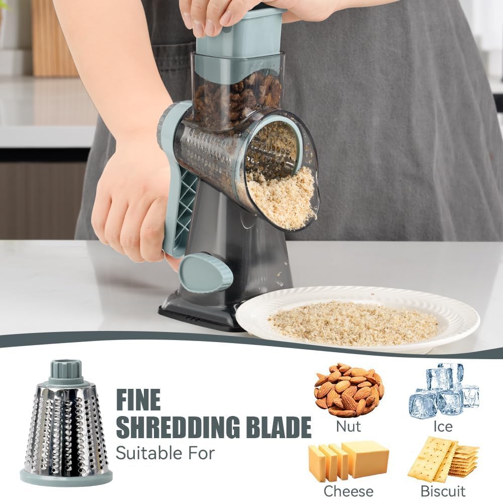 KEOUKE Rotary Cheese Grater Hand Crank Cheese Shredder Vegetable Mandoline Slicer for Kitchen 3 Changeable Blades for Cheese Potato Zucchini Nuts Chocolate - GreyBlue