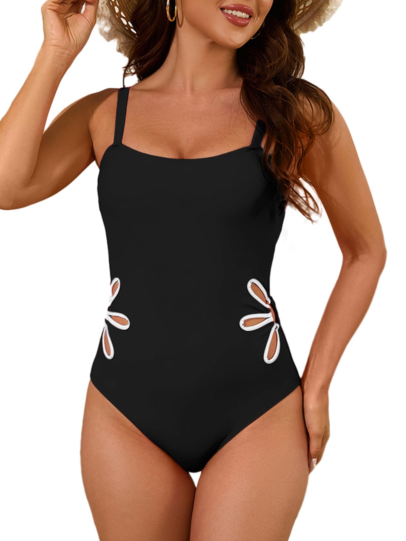 Limeeke Women One Piece Swimsuit Sexy Cutout Floral Slimming Adjustable Strap Color Block Swimwear