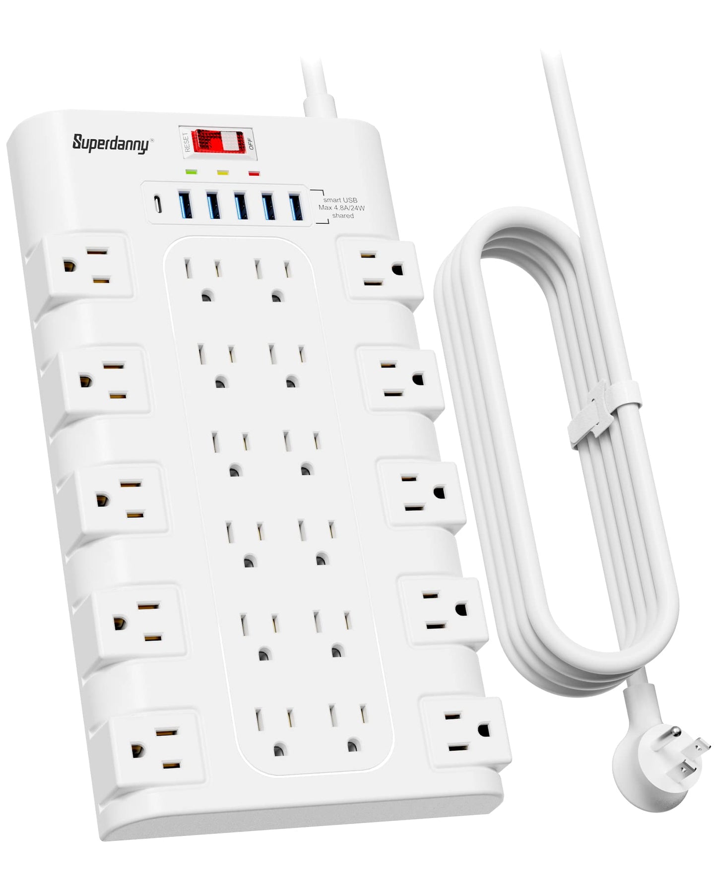 Power Strip, SUPERDANNY Surge Protector with 22 AC Outlets and 6 USB Charging Ports, 1875W/15A, 2100 Joules, 6.5Ft Flat Plug Heavy Duty Extension Cord for Home, Office, Dorm, Gaming Room, Black
