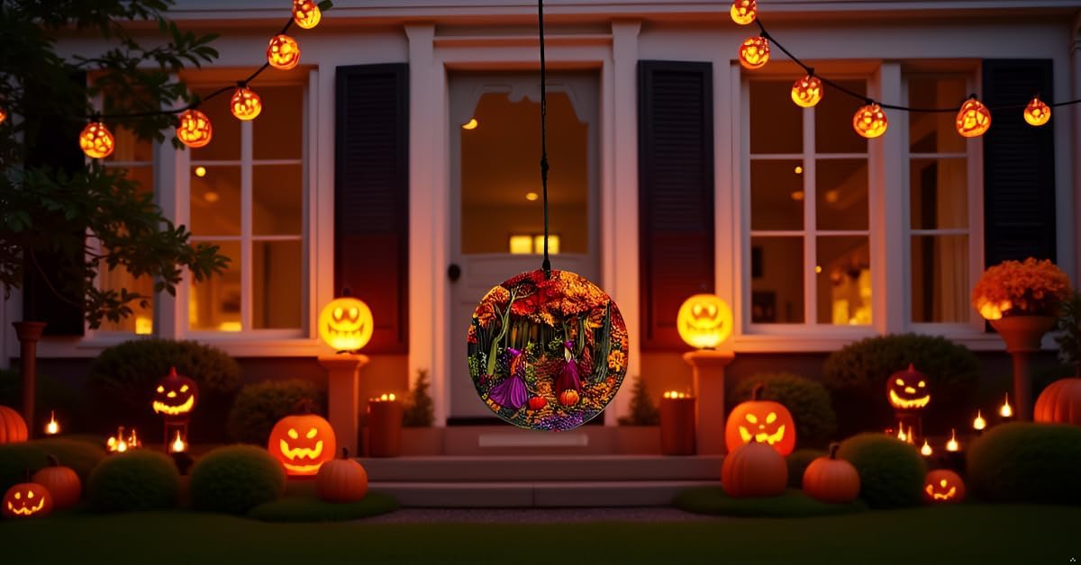 Halloween Stained Glass Window Ornament, Witch Scene with Pumpkins, Acrylic Hanging Suncatcher, Round Wall Art Decor, Witchy Ornament for Home Friends and Family (Two Girls)