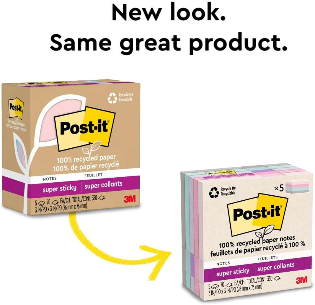 Post-it 100% Recycled Paper Super Sticky Notes, 2X The Sticking Power, 3x3 in, 5 Pads, 70 Sheets/Pad, Wanderlust Pastels Collection (654R-5SSNRP)