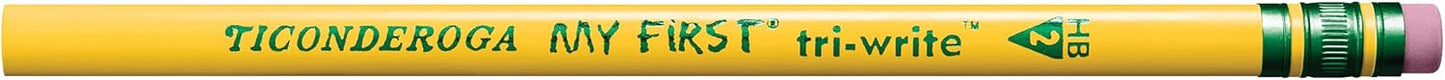 Ticonderoga My First Tri-Write Wood-Cased Pencils, Unsharpened, 2 HB Soft, With Erasers, Yellow, 36 Count