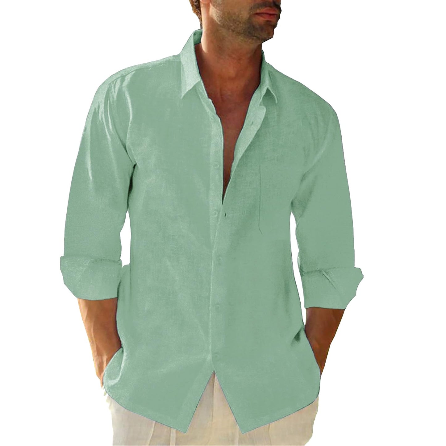 Button Down Linen Shirts for Men Casual Long Sleeve Regular Fit Cotton Beach Shirts with Pocket