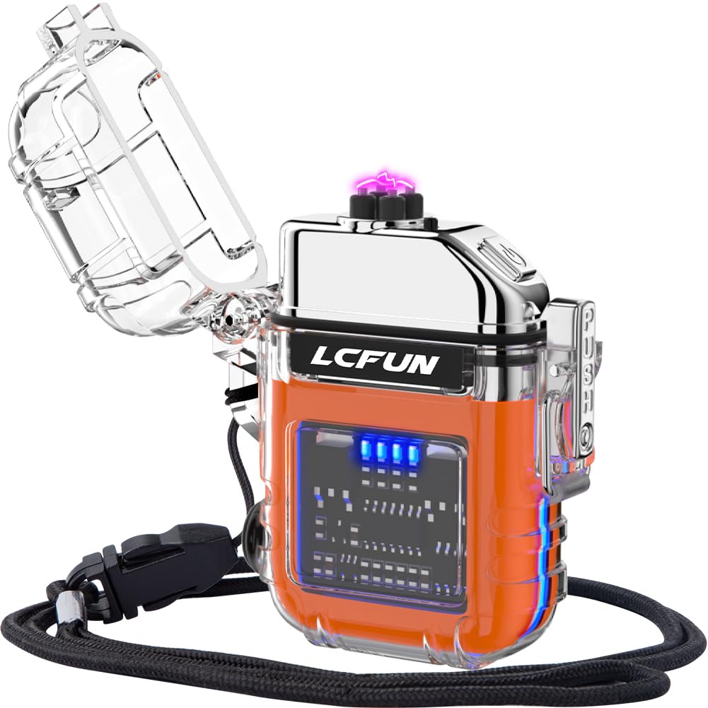 LcFun Waterproof Electric Dual Arc Lighter USB Rechargeable Outdoor Windproof Flameless Plasma Lighters for Camping, Hiking, Adventure, Survival Tactical Gear Gifts for Men