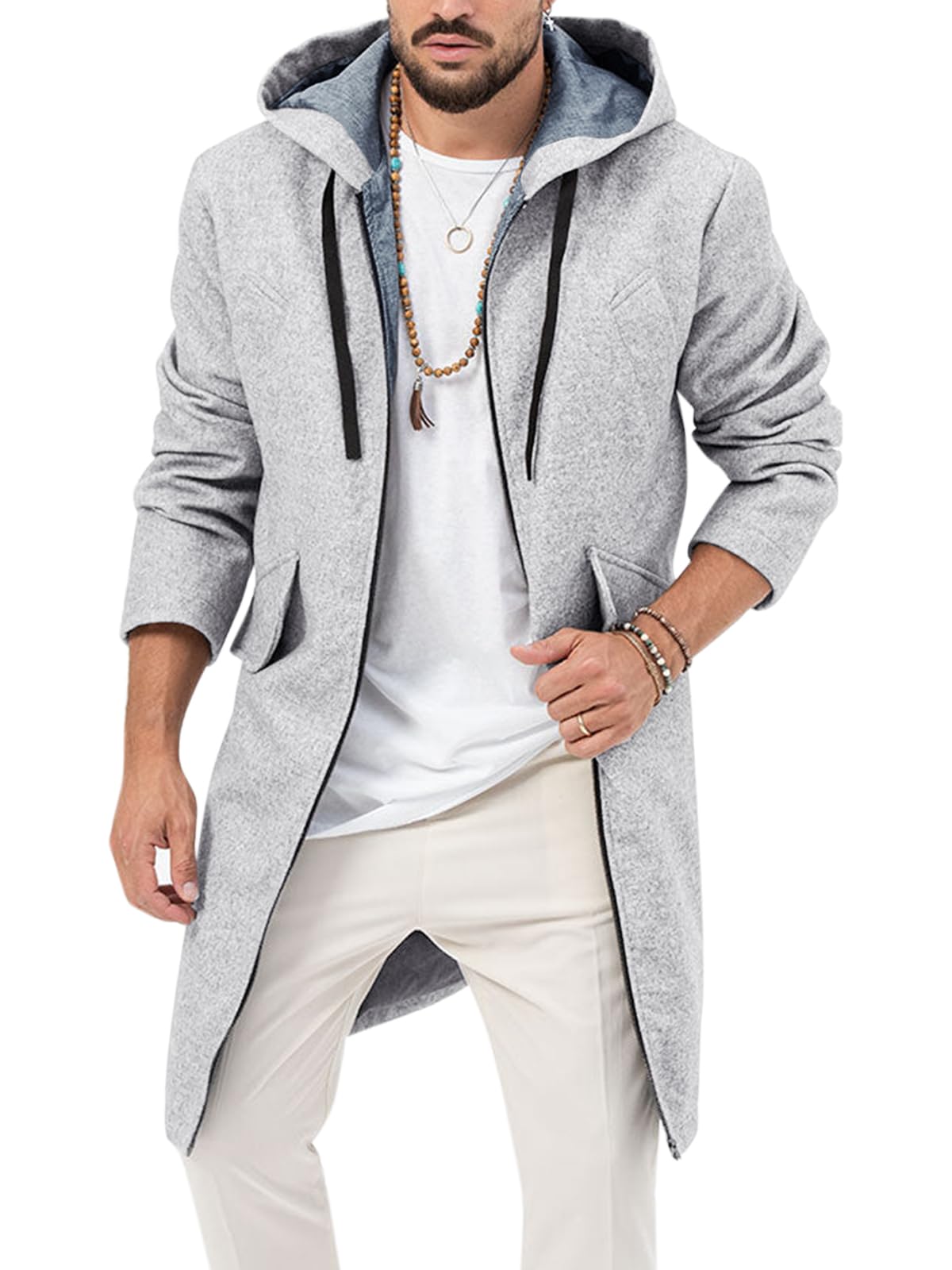 ZIWOCH Mens Trench Coat Wool Blend Hoodie Long Jacket Full Zip Winter Classic Business Overcoat