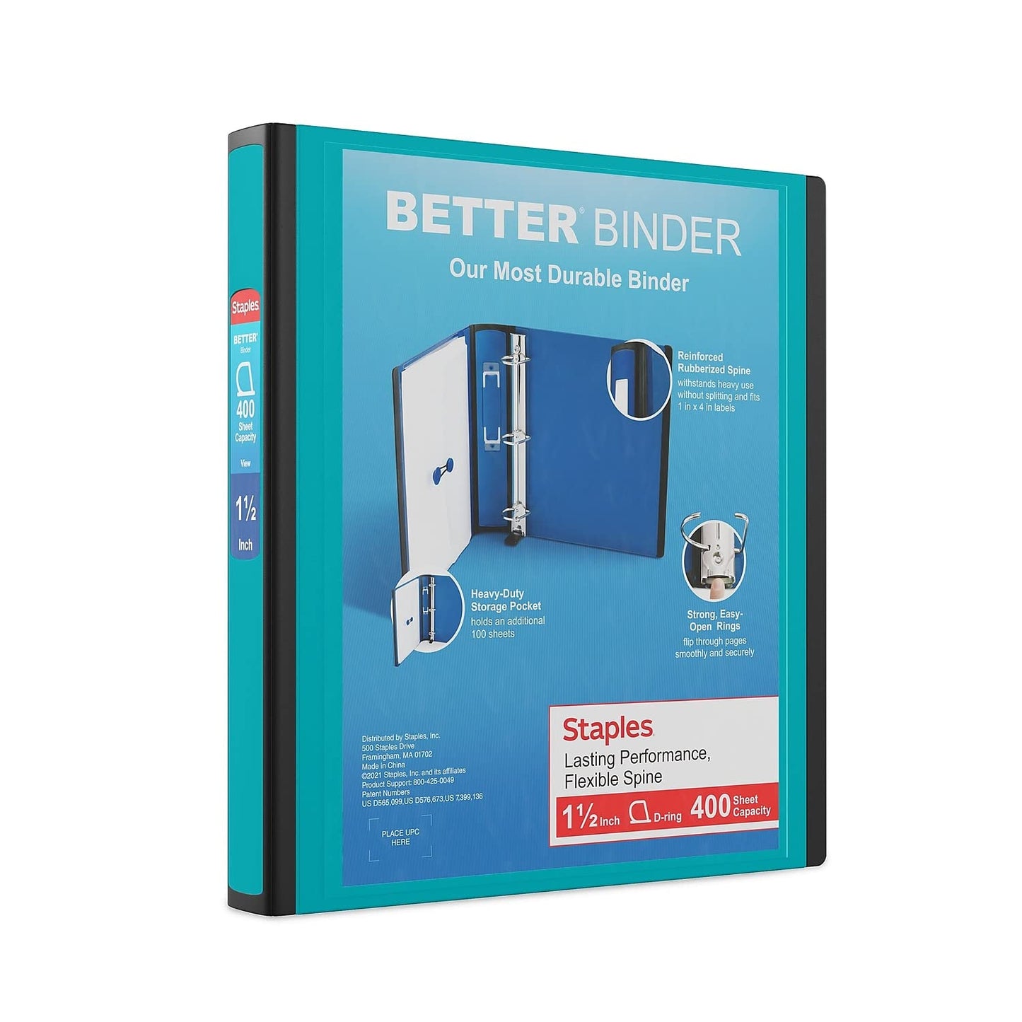 STAPLES 3 Inch BetterView Binder with D-Rings (Teal)