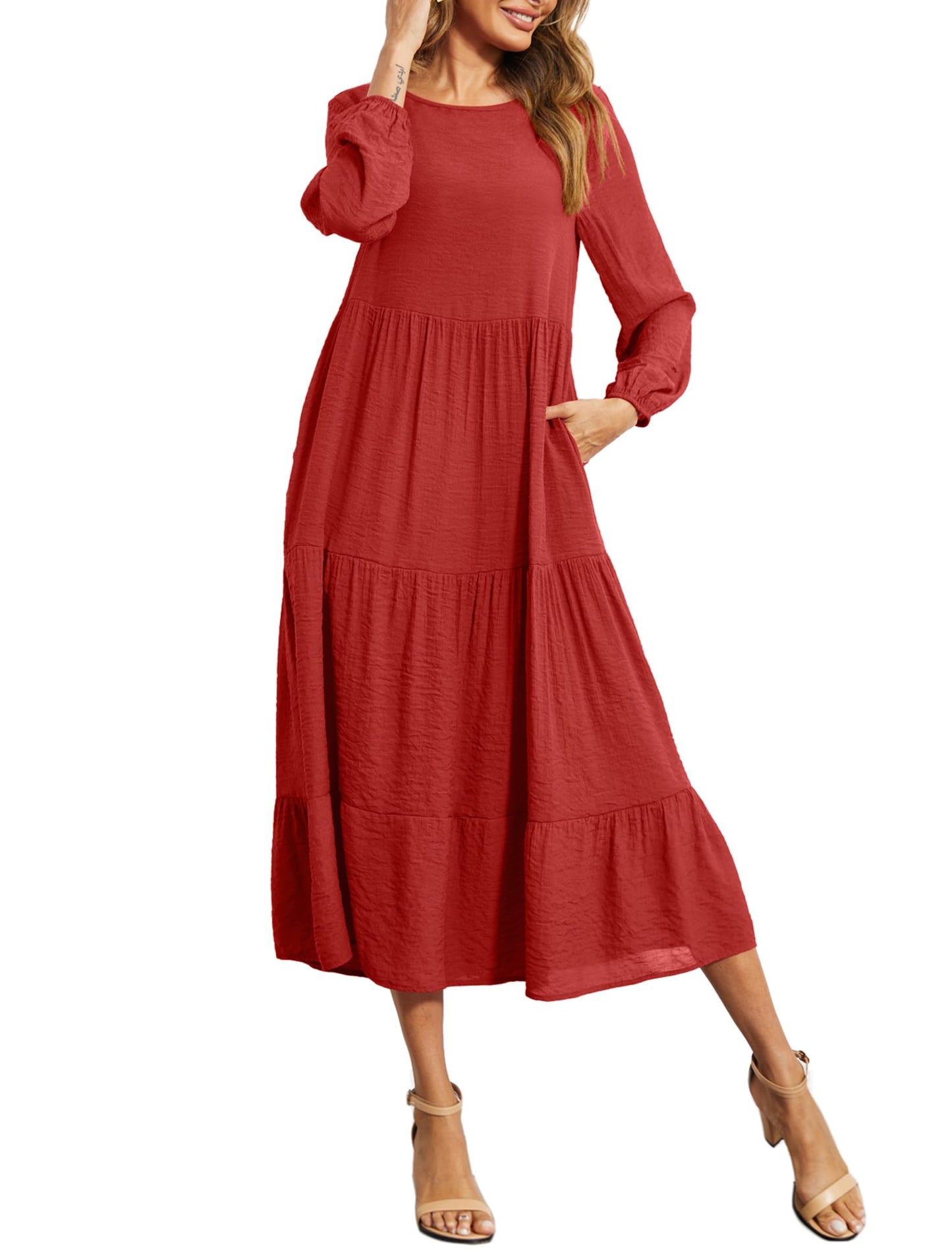 Halife Women's Summer Casual Maxi Dresses Flowy Ruffle Boho Long Dresses with Pockets