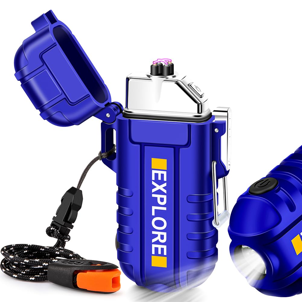 LcFun Waterproof Electric Dual Arc Lighter USB Rechargeable Outdoor Windproof Flameless Plasma Lighters for Camping, Hiking, Adventure, Survival Tactical Gear Gifts for Men