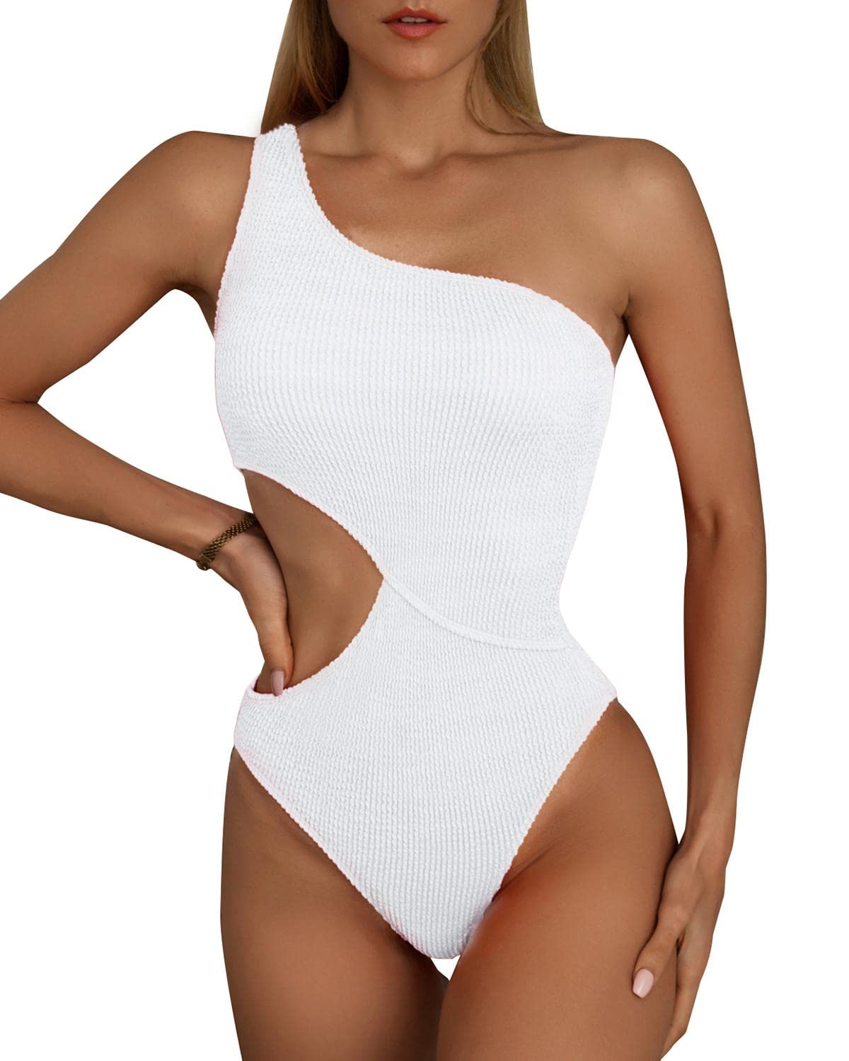 Limeeke Women's Cutout One Piece Swimsuit One Shoulder Swimwear Ribbed Monokini Bathing Suits