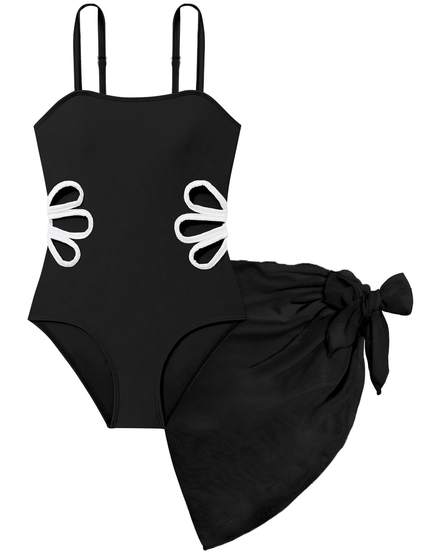 Girls Swimsuit, Adjustable Straps Cut Out One Piece Bathing Suit with Solid Color Cover Up Skirt Girls' Swimwear