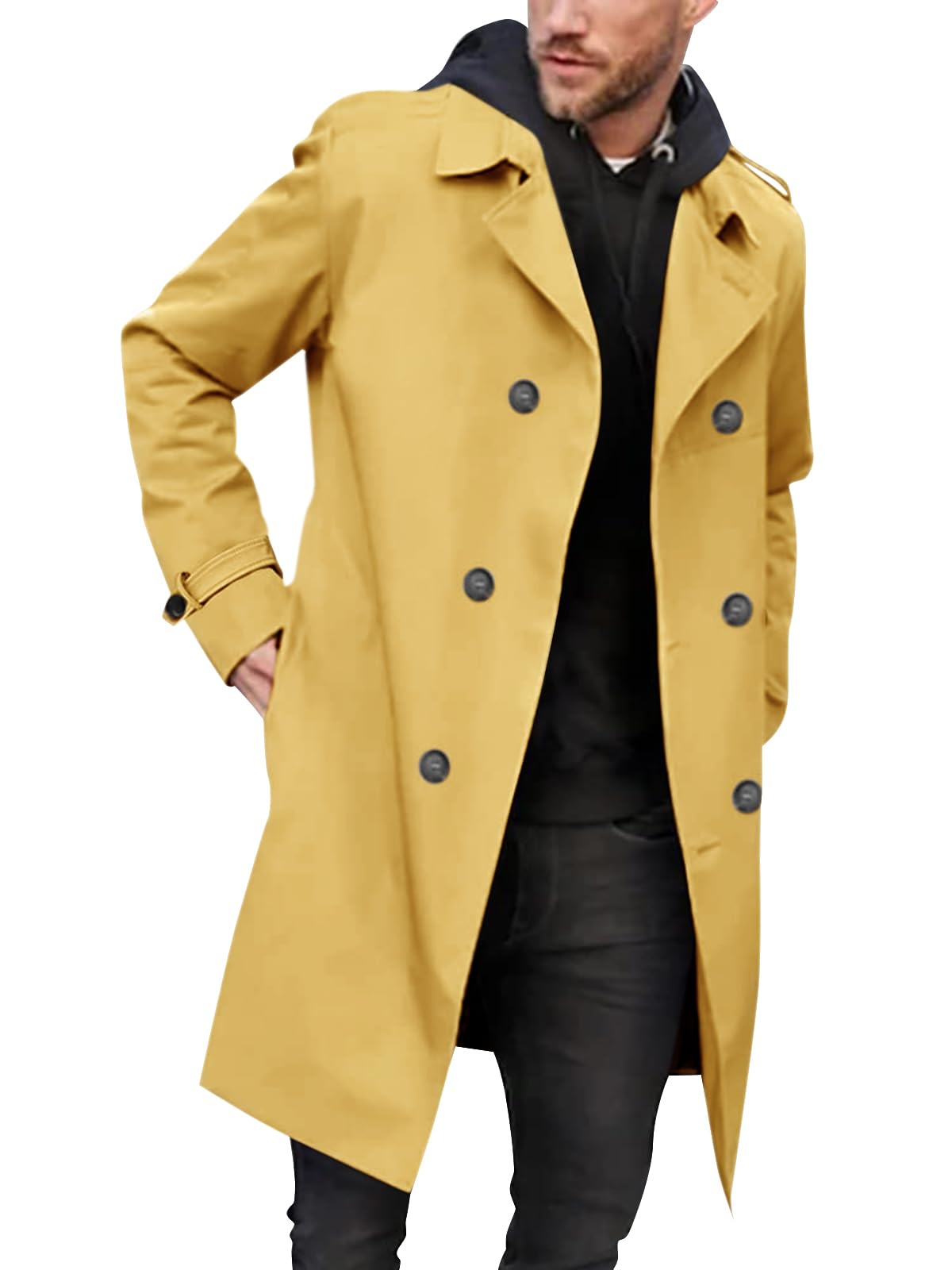 Gafeng Mens Double Breasted Trench Coat Notched Lapel Casual Slim Fit Long Windbreaker Overcoat