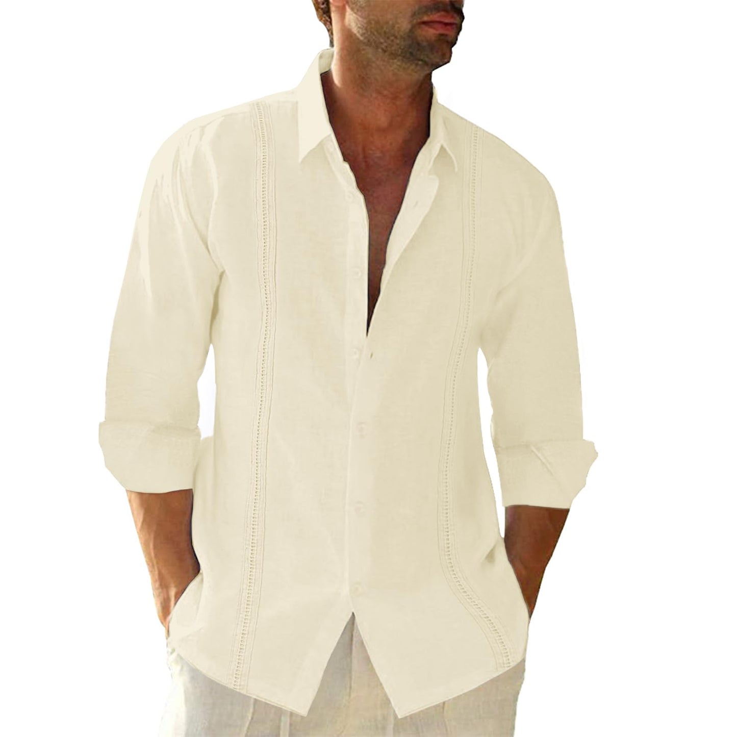 Button Down Linen Shirts for Men Casual Long Sleeve Regular Fit Cotton Beach Shirts with Pocket