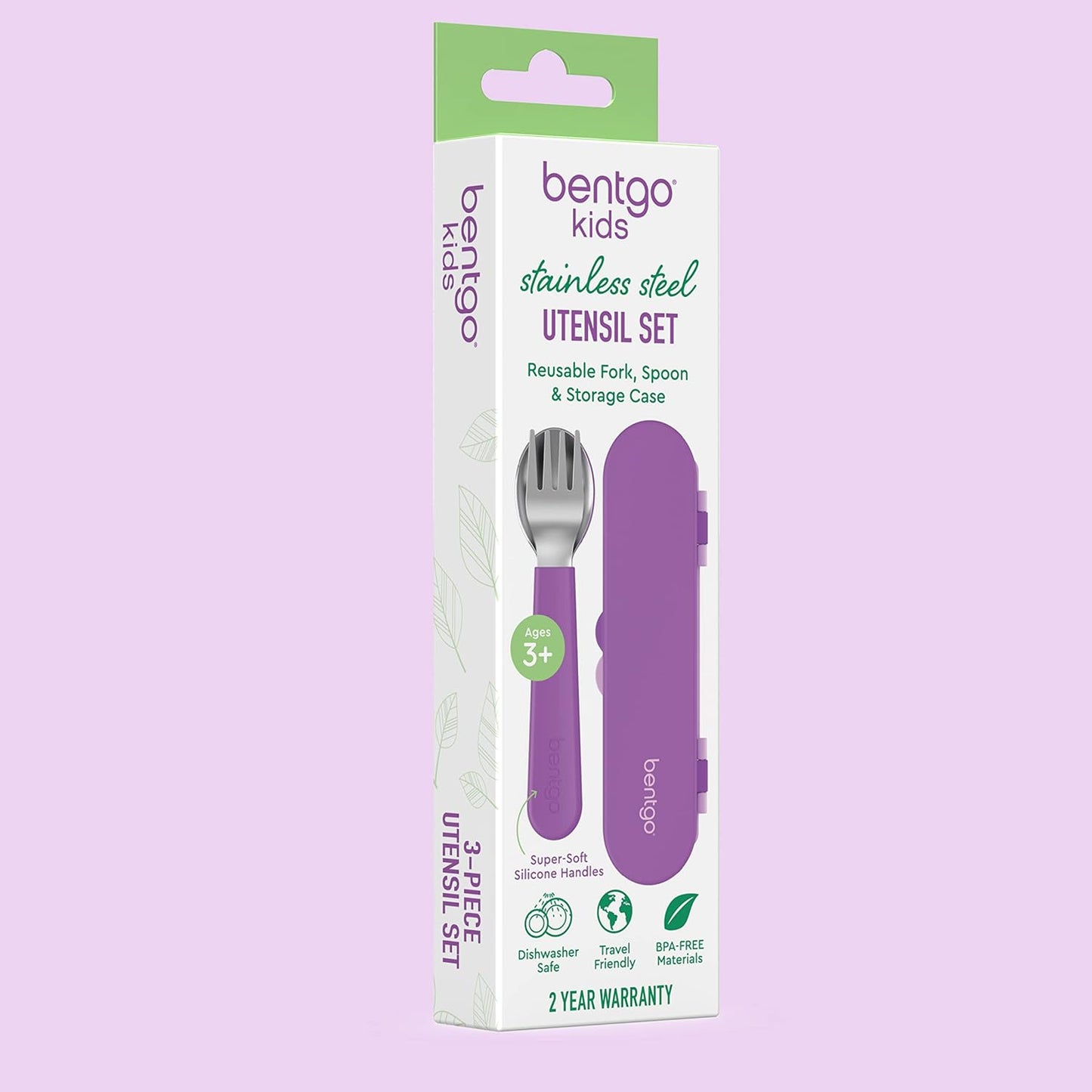 Bentgo® Kids Stainless Steel Utensil Set - Reusable Fork, Spoon & Storage Case - High-Grade BPA-Free Stainless Steel, Easy-Grip Handles, Dishwasher Safe for School Lunch, Travel & Outdoors (Purple)
