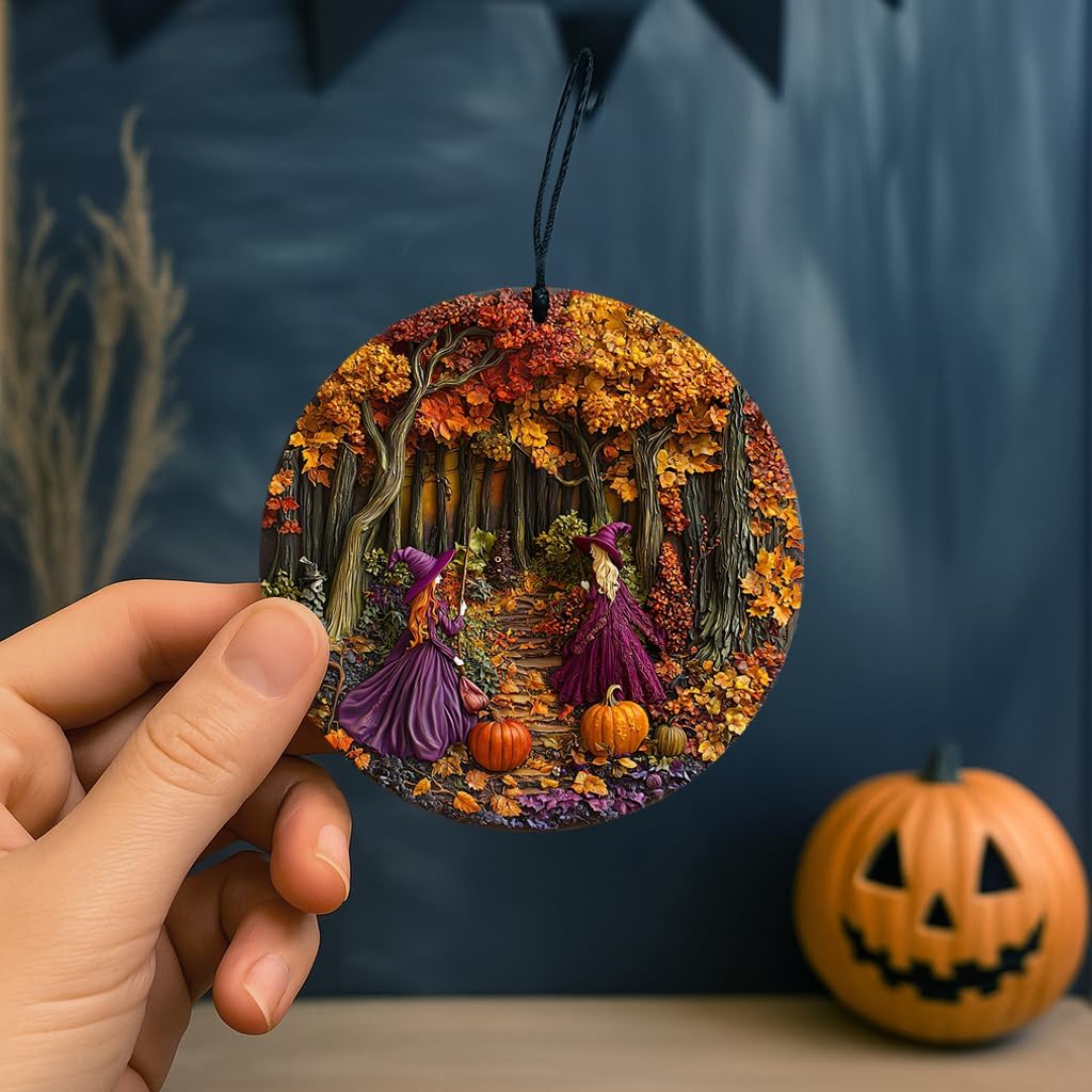 Halloween Stained Glass Window Ornament, Witch Scene with Pumpkins, Acrylic Hanging Suncatcher, Round Wall Art Decor, Witchy Ornament for Home Friends and Family (Two Girls)