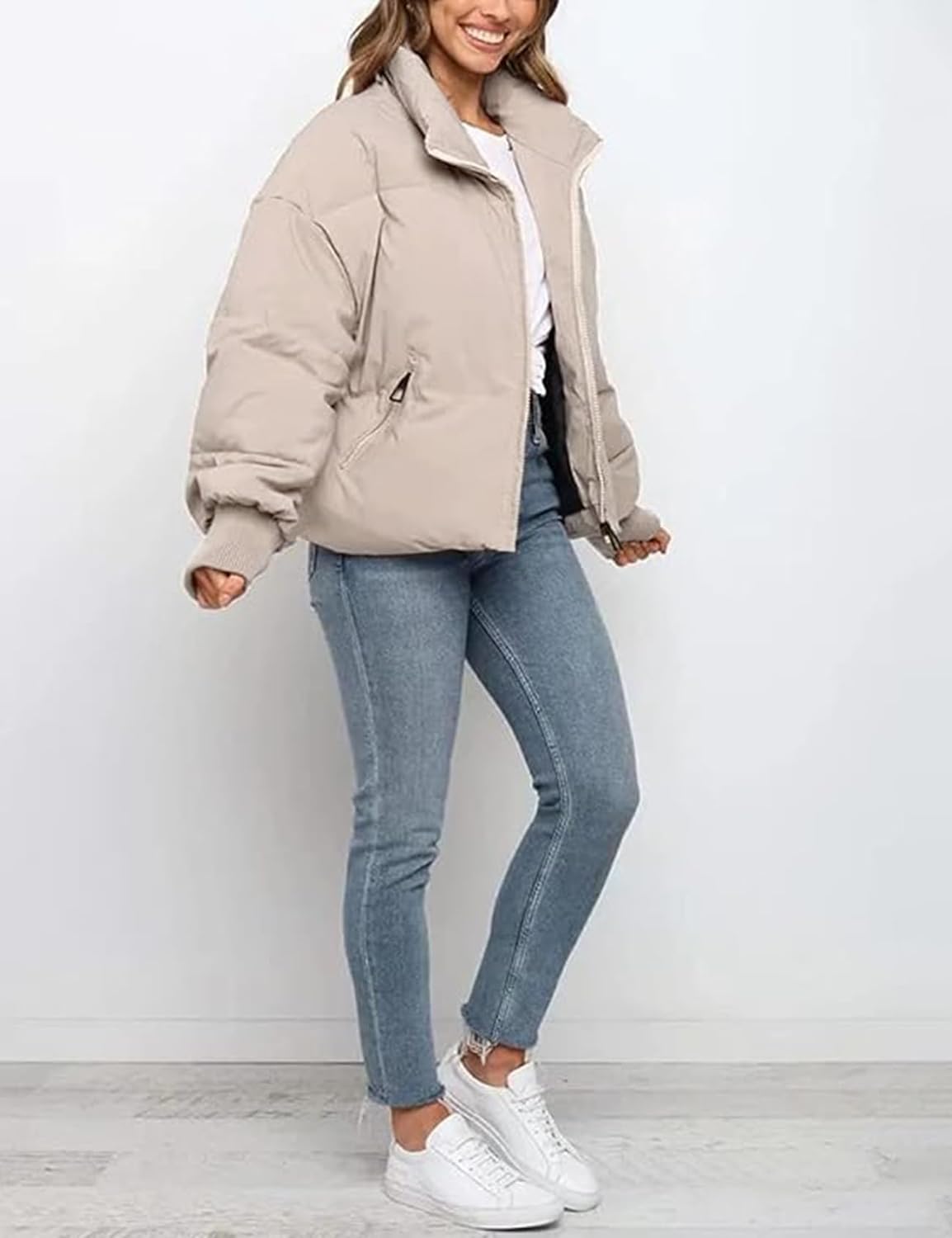 Flygo Winter Cropped Puffer Jacket Coats for Women 2025 Short Warm Quilted Jackets Outerwear with Pockets