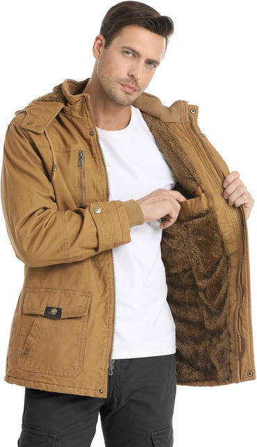 CHEXPEL Men's Thick Winter Jackets with Hood, Fleece Lining, Cotton Military Work Jackets with Cargo Pockets, Outwear