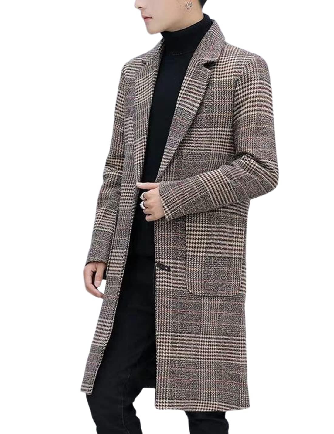 Springrain Men's Wool Blend Pea Coat Notched Collar Single Breasted Overcoat Warm Winter Trench Coat