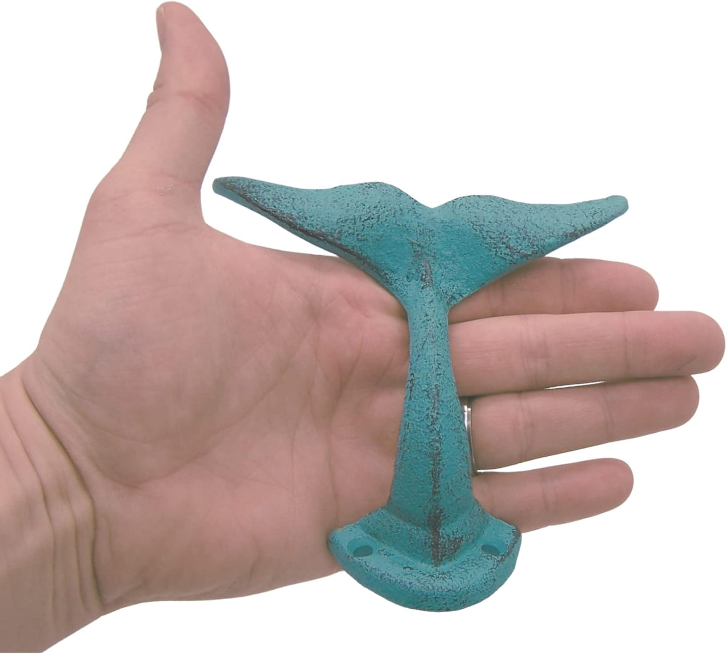 Light Blue Whale Tail Cast Iron Wall Hooks, Wall Mounted for Hanging Coats, Purses, Towels, Hats, Beach Themed Wall Decor, Set of 3, 4.75 Inches High
