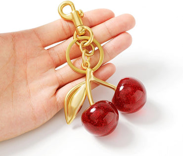 Luxurious 18K Gold Plated Cherry Bag Charm, Cherry Keychain Accessory Purse Charm