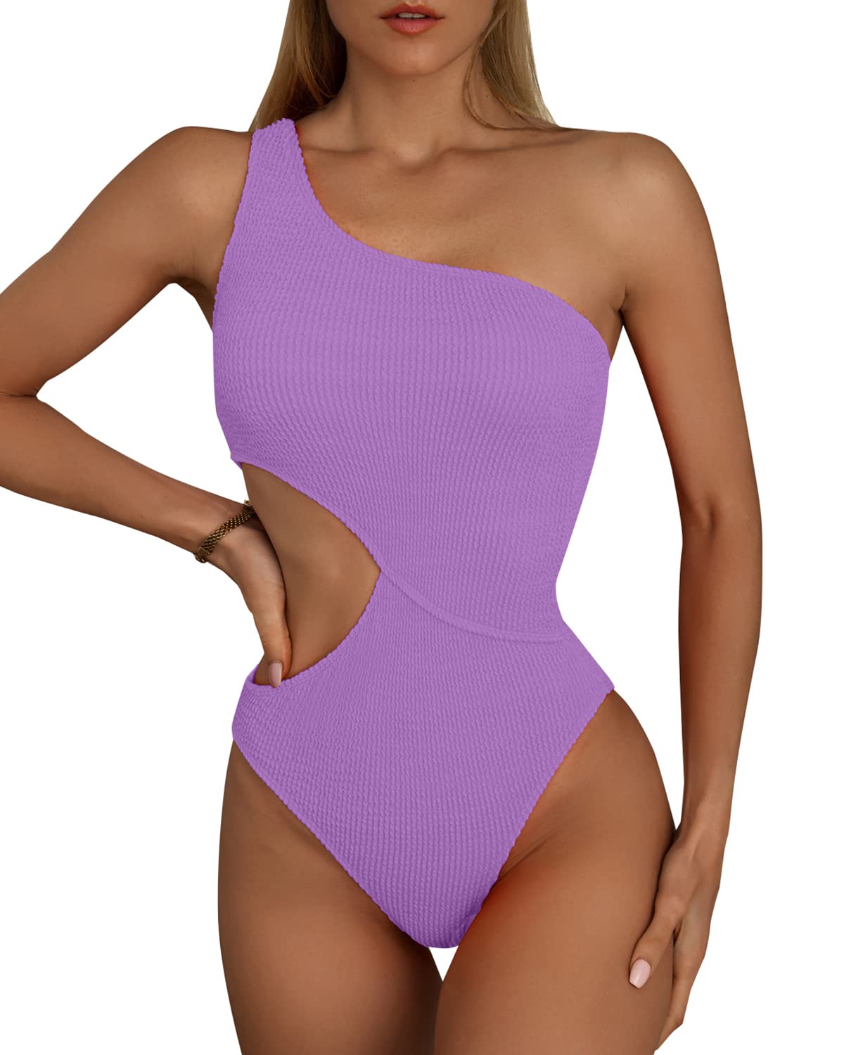 Limeeke Women's Cutout One Piece Swimsuit One Shoulder Swimwear Ribbed Monokini Bathing Suits