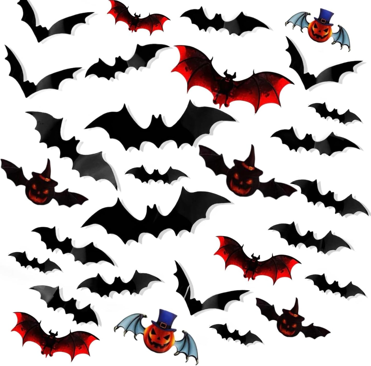 93PCS Halloween Bats Decoration, 7 Different Sizes 3D Bats Wall Decor Reusable PVC Black and Red Scary Bat Sticker for Halloween Party Supplies Creepy Home Bathroom Decor
