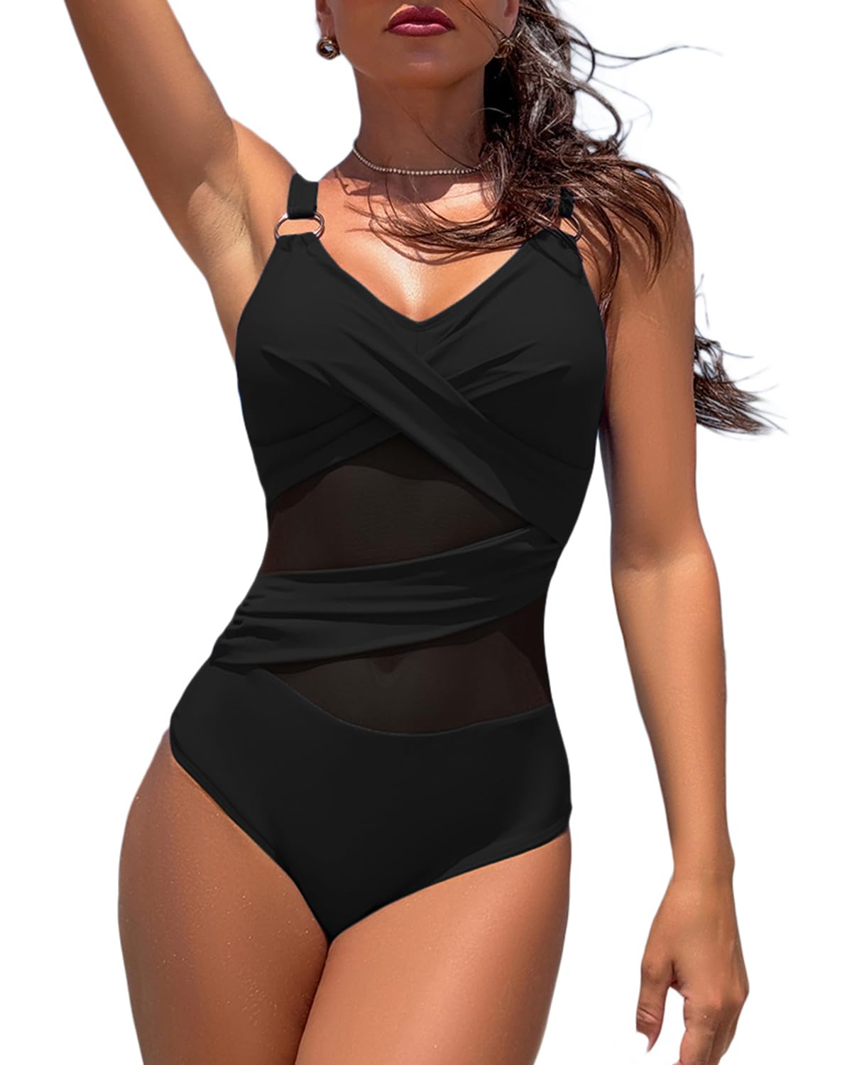 Limeeke Women's One Piece Swimsuit Sexy Mesh Sheer Tummy Control Bathing Suit Cross Twist Front Swimwear