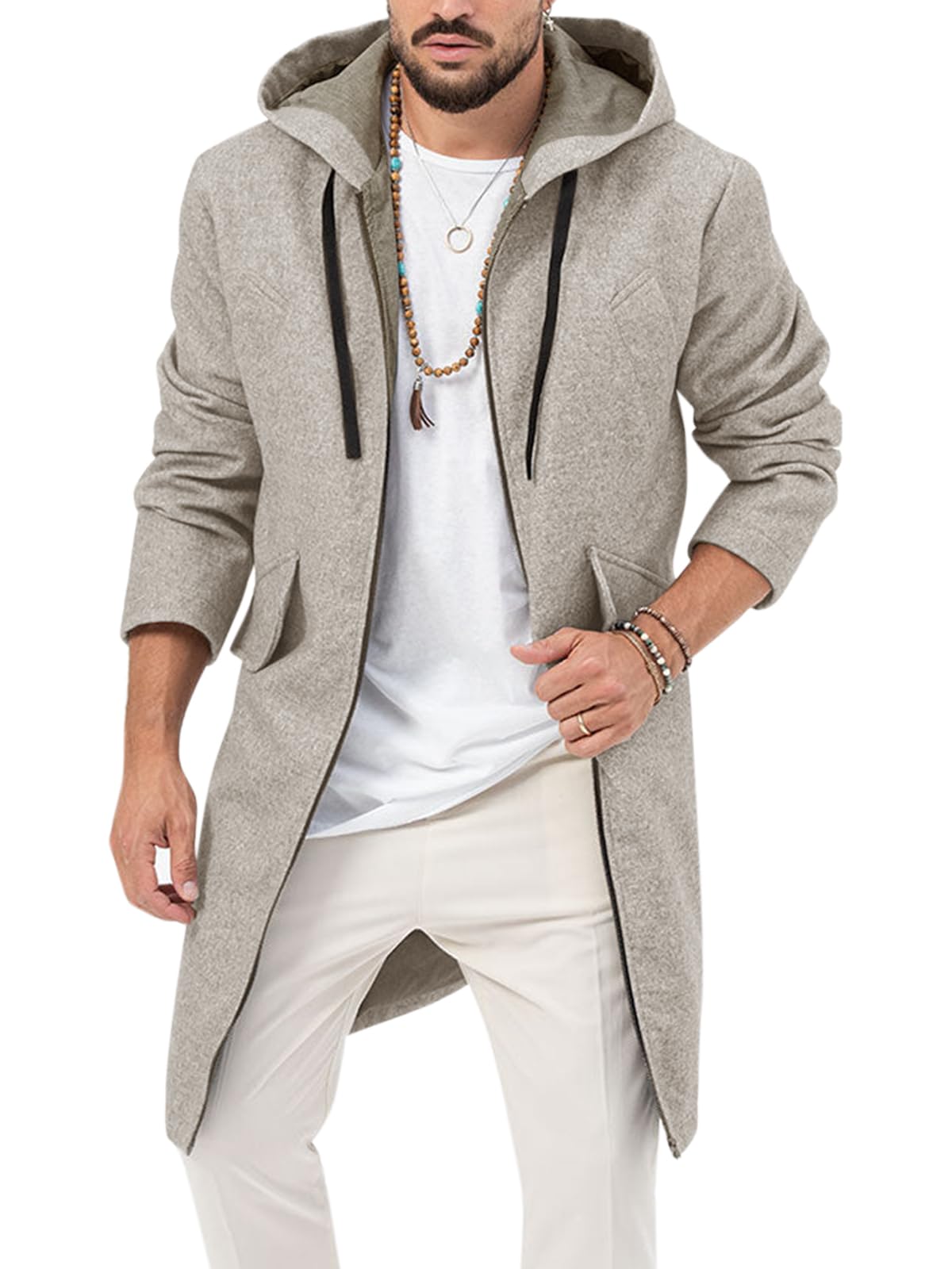 ZIWOCH Mens Trench Coat Wool Blend Hoodie Long Jacket Full Zip Winter Classic Business Overcoat