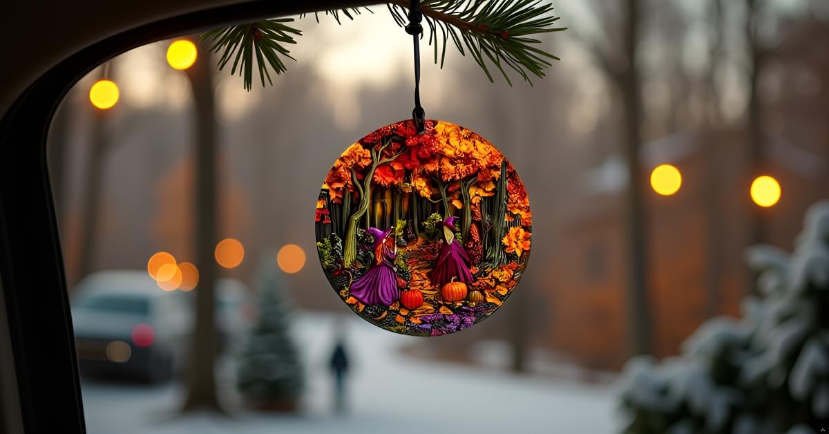 Halloween Stained Glass Window Ornament, Witch Scene with Pumpkins, Acrylic Hanging Suncatcher, Round Wall Art Decor, Witchy Ornament for Home Friends and Family (Two Girls)