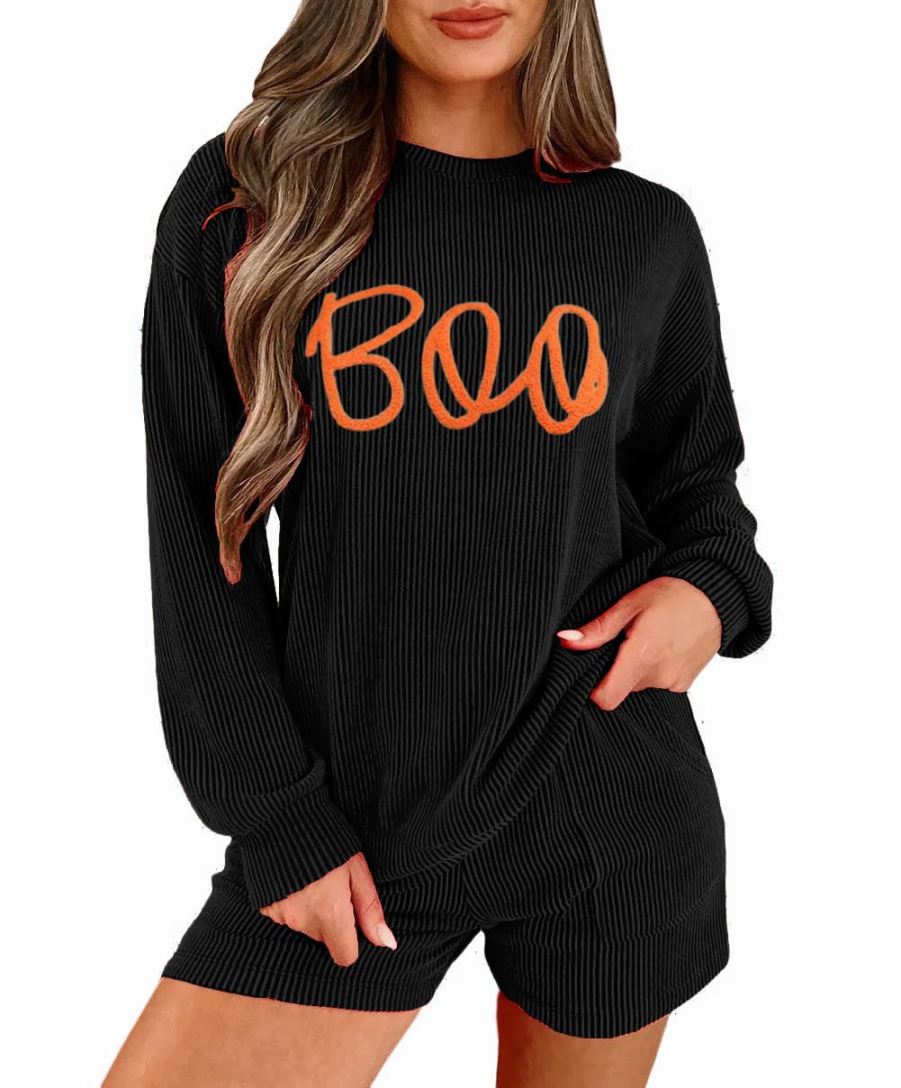 Womens Ribbed Pajama Sets Long Sleeve Top and Shorts Matching Lounge Set Loungewear Sweatsuit with Pockets