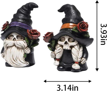 Hodao Halloween Gnomes Decorations Indoor, Resin Halloween Skull Head Handmade Figurines with Witch Hat & Rose Decor for Gift Home Bedroom Party Office Table - 2 Pcs, Black Hats