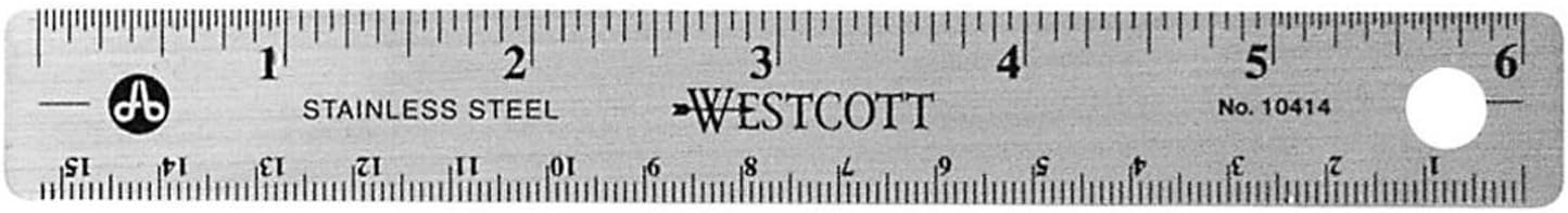 Westcott 10414 Stainless Steel Metal Ruler with Non-Slip Cork Base, 6 in