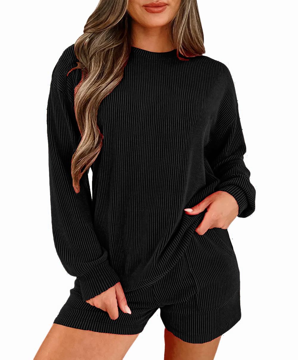 Womens Ribbed Pajama Sets Long Sleeve Top and Shorts Matching Lounge Set Loungewear Sweatsuit with Pockets