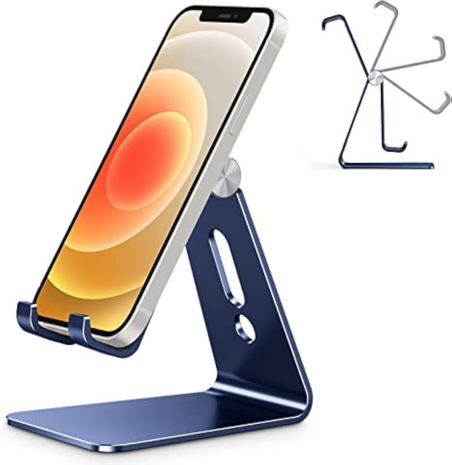 Adjustable Cell Phone Stand, OMOTON Aluminum Desktop Cellphone Stand with Anti-Slip Base and Convenient Charging Port, Fits All Smart Phones, Silver